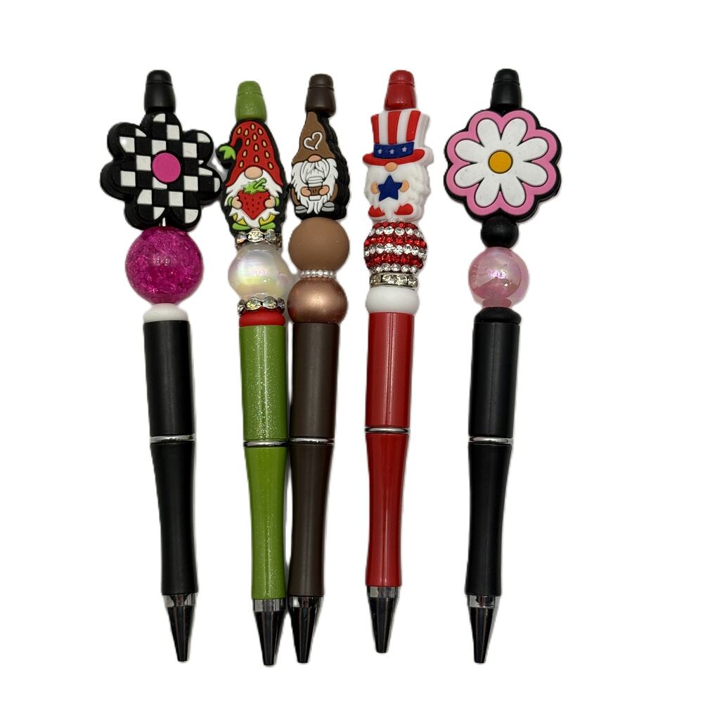 Handmade Focal Pens Set of 5 Cute Gnome Flower Multi-Color Black Ink